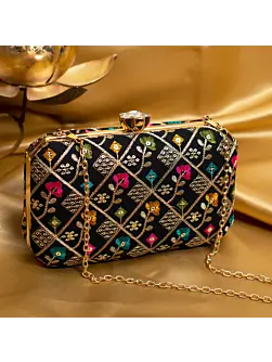 Women Black Sequins Floral Embroidery Party Clutch