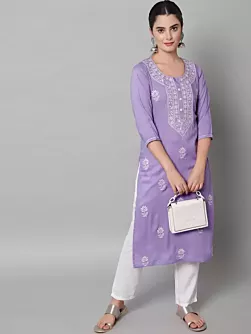 Women Chikan Embroidery Cotton Rayon A-line Kurta  (Purple, White)