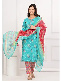 Women's Plus Size Cotton Bandhini Printed  Kurta and Pant with Dupatta Set