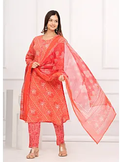 Women's Plus Size Cotton Bandhini  Printed Kurta and Pant with Dupatta Set, Indian Ethnic Fashion