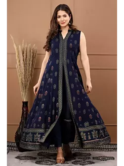 Women Floral Print Viscose Rayon Frontslit Kurta  (Dark Blue, Green)
