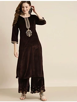 Women Brown & Gold-Toned Ethnic Motifs Embroidered Velvet Kurta