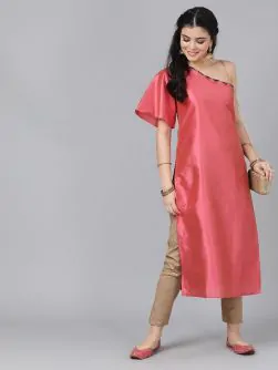 Pink Zari Boota One Shoulder Kurta With Lining