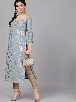 Grey Foil Printed Straight Kurta