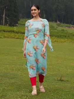 Pastel Green & Red Floral Print With Sequence Work Kurta