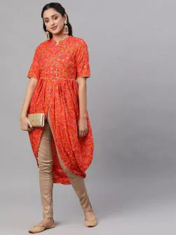 Orange & Gold Bandhani Printed Dhoti Design Kurta