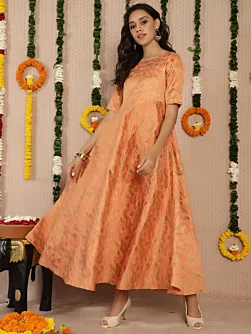 Women Peach Jacquard Flared Maxi Dress