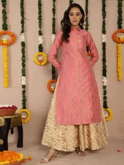 Pink & Gold Jacquard Zari Work Straight Kurta