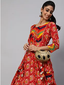 Red Maxi Dress With Embroidered Yoke