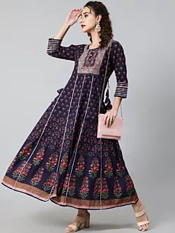 Blue & Peach Floral Print Embroidered Maxi Dress