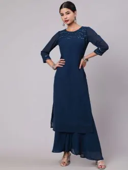 Blue Mirror Work Straight Kurta