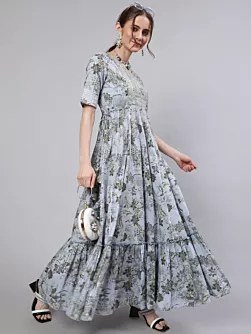 Blue Floral Print Maxi Dress