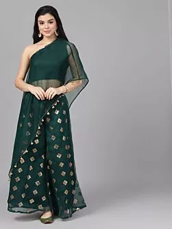 Dark Green Foil Print Lehenga With Blouse