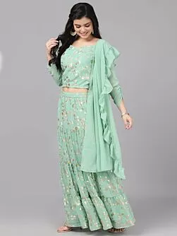 Sea Green Gold Foil Print Lehenga Blouse With Dupatta