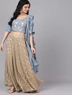 Grey & Gold Foil Print Lehenga Blouse With Dupatta