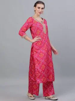 Pink & Orange Bandhani Printed Straight Kurta With Palazzo Set