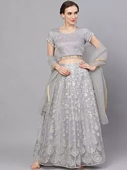 Grey & Silver Organza Foil Print Lehenga Choli With Solid Dupatta