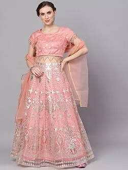 Peach & Silver Organza Foil Print Lehenga Choli With Solid Dupatta