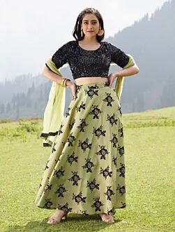 Green & Black Flock Print Lehenga With Sequenced Choli & Net Dupatta