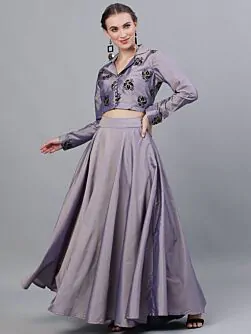 Purple & Black Flock Printed Lehenga Choli Set