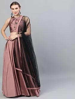 Mauve & Black Flock Printed Lehenga Choli Set With Net Dupatta
