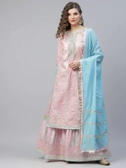 Pink & Blue Foil Printed Gota Work Kurta With Sharara & Dupatta Set