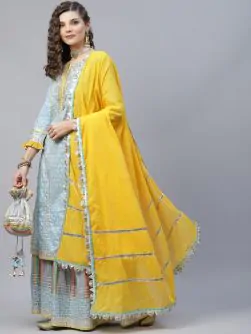 Powder Blue & Yellow Foil Printed Gotta Work Kurta With Sharara & Dupatta Set