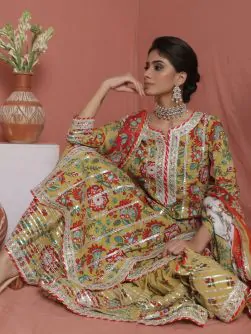 Green & Red Floral Printed Lace Work Kurta Sharara With Dupatta Set