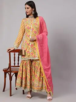 Yellow & Pink Floral Printed Kurta & Sharara With Dupatta Set