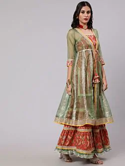 Red & Green Floral Printed Lace Work Kurta & Sharara With Organza Jacket & Potali Bag