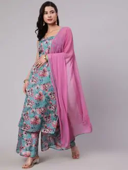 Blue & Pink Floral Printed Kurta & Palazzo With Dupatta Set
