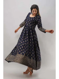 Women Printed Viscose Rayon Flared Kurta (Blue)