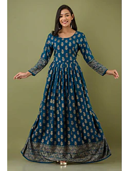 Women Printed Viscose Rayon Flared Kurta  (Blue)