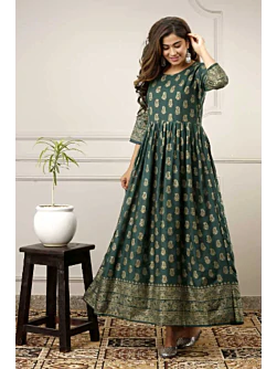 Women Printed Viscose Rayon Flared Kurta  (Green)