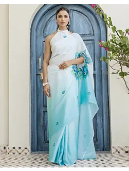 Handsfree Light Blue Satin Printed Saree