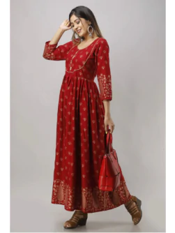 Women Printed Viscose Rayon Flared Kurta  (Maroon)