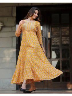 Women Printed Viscose Rayon Anarkali Kurta  (Yellow)