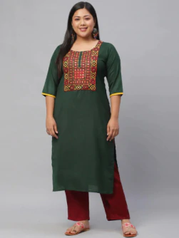 Women Embroidered Pure Cotton Straight Kurta  (Green)