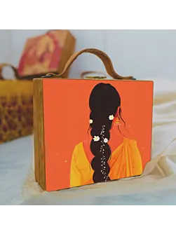 Woman Orange Saree Girl Printed Suitcase Style Clutch