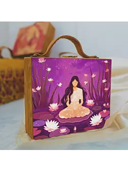 Women Girl With Lotus Printed Suitcase Style Clutch