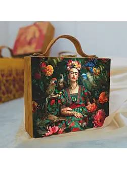 Women Frida Kahlo Printed Suitcase Style Clutch