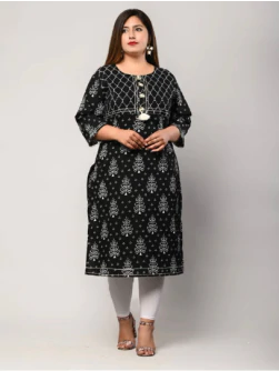 Women Black Pure Cotton Printed Straight Kurta