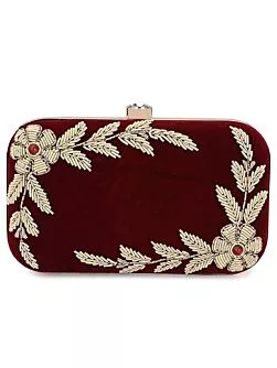 Women Hand Embroidered Maroon Box Clutch Bag Purse