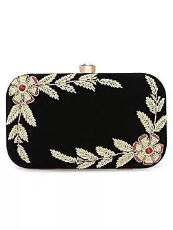 Fabdia Wedding  Hand Embroidered Black Box Clutch Bag Purse for Bridal 