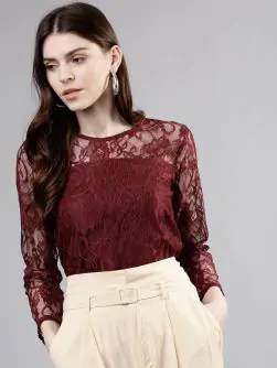 Women Maroon Self Design Top