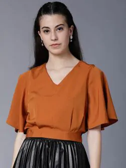 Women Rust Red Solid Blouson Crop Top