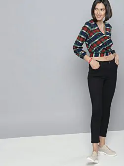 Women Red Checked Cropped Wrap Top