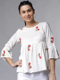 Women Off-White Floral Embroidered Top