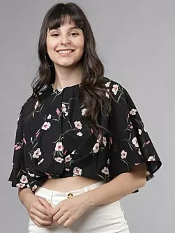 Women Black Printed Crop Blouson Top