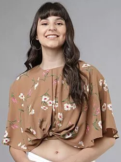 Women Beige Printed Crop Twisted Cape Top